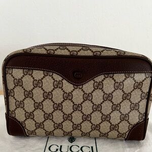 Gucci GG Supreme Cosmetic Bag Brown Leather Trim Vintage Late 70s-Early 80s